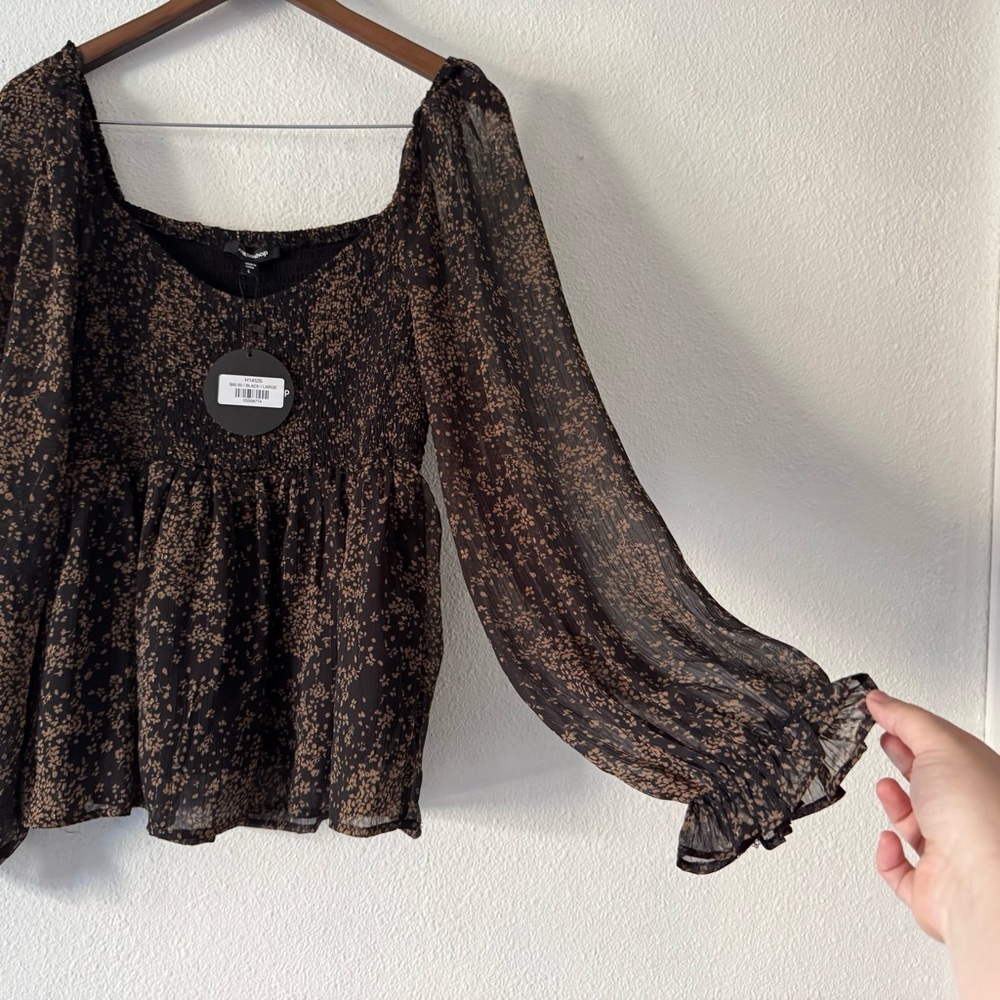Mittoshop Floral Smocked Long Sleeve Black Tan Top Large Boho Cottagecore - Picture 6 of 16